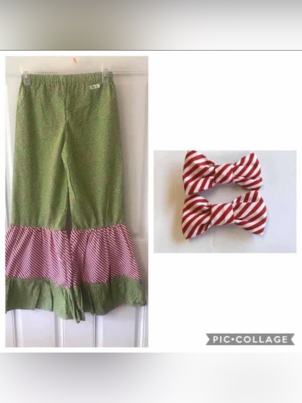 NWOT size 7 Machine sewn Green/red white candy canes/striped ruffled pants
